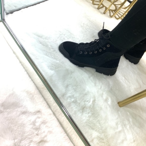 Canvas & Faux Suede Combat Boots in Black - Picture 5 of 8